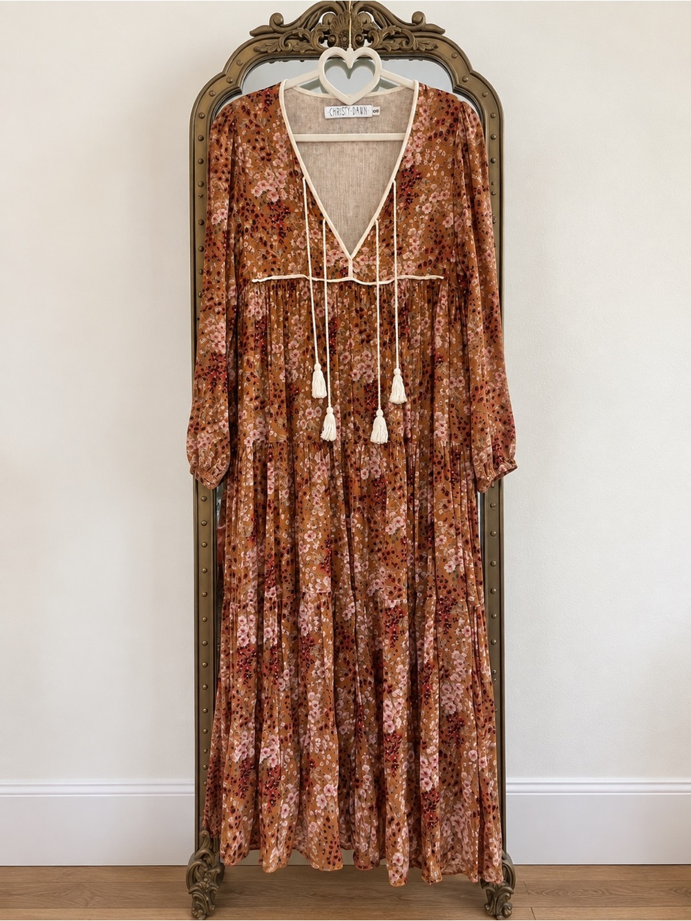 Christy Dawn Rust Floral Tassel Maxi Dress XS/S Boho Cottagecore